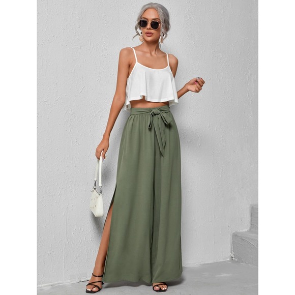 2 piece set: Cami crop Top & Belted Split thigh wide leg Pants hot pink - Picture 3 of 11